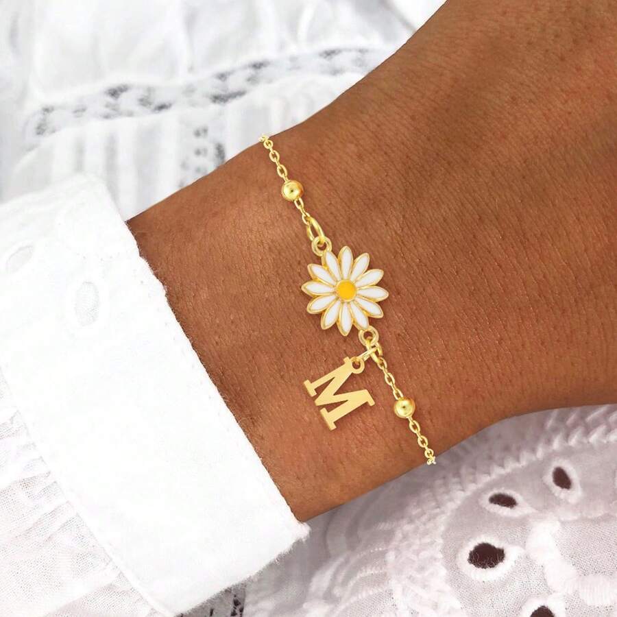 1 chiếc vòng tay dây hạt bằng thép không gỉ mạ vàng, mặt dây chuyền hình hoa cúc thời trang mới dành cho nữ. - Vàng - Xem 1