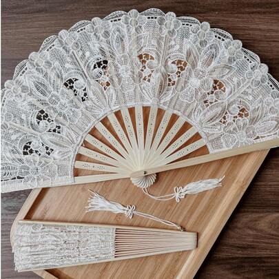 象牙色蕾丝婚礼扇 9英寸手扇 维多利亚风格蕾丝手扇 婚礼仪式 乡村波西米亚风婚礼回礼 新娘伴娘礼物 舞会服装派对拍照道具