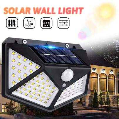 100颗LED太阳能户外壁灯，内置1200mAh电池，带运动传感器，3种照明模式，可拆卸螺丝安装，耐用ABS材质和抛光金属，按钮开关，适用于墙壁、花园、小路、围栏等，角度可调，可作阳台灯，适用于婚礼、音乐节、开斋节、情人节、返校季、圣诞节、万圣节等节日照明装饰。