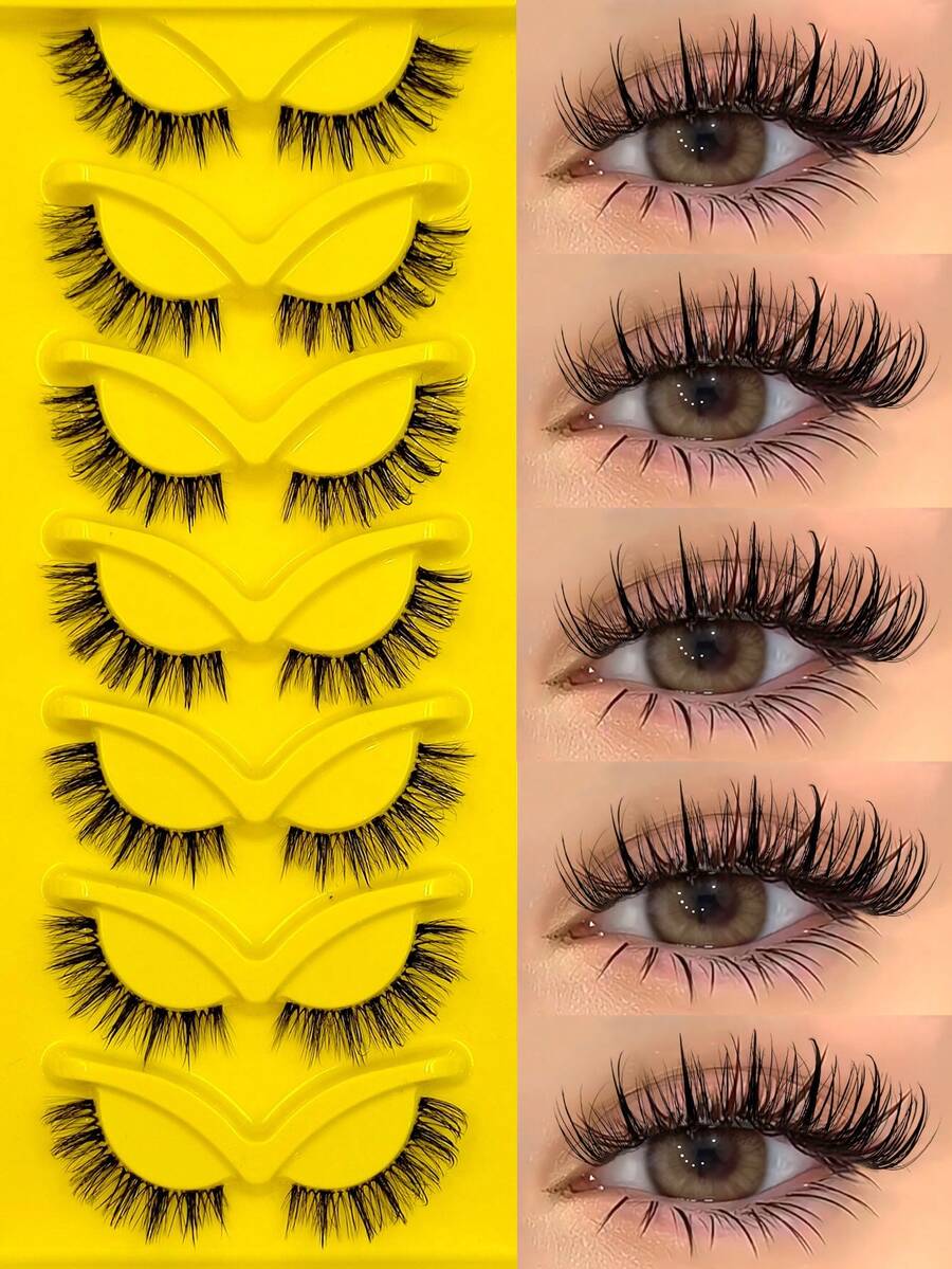 Asiteo 7 Pairs Fluffy Manga Wet Look Eyelashes,Classic Anime Eye False Eyelashes, Look Moist, Clear Band, Curl Cross Wispy Dramatic, Grafting-Like Effect, Photogenic & Natural-Looking Eyelash Extension Makeup Suitable For Travel, Parties - Comic wet eyelashes - View 1