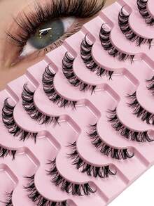 Hinarin 7 Pcs Set Fluffy Cross Design Cat Eye False Eyelashes, Transparent Eyelash Stem, Natural And Thin Eyelashes, Transparent Eyelash Band, Faux Mink Eyelashes, Soft And Curled Eyelashes - Black - View 2