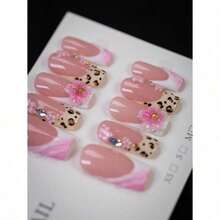 10pcs - Y2K Style Leopard Print Pink Flower Press On Nails, Pink Flower Gold Bead Square Nails - Leopard Print Design, Nude Pink Gradient, Sparkling Diamond Embellishment Fake Nails - Essential Nail Art For Autumn And Winter, Suitable For Daily, Party, And Outdoor Use - The Best Gift For Ladies And Women Nail Supplies - 彩色 - 查看 2