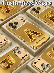 1pc Customizable Illuminated Large 3D Gold Letter Design Electroplated Tempered Glass Phone Case, Suitable For IPhone 17 Pro Max/17 Air/16/15/13/12/11/XS Max/6 7 8 Plus, Luxury Gold Finish, High-End Business Custom, Elegant Fashion, Built-In Lens Protector, Ideal For Holiday Gifts, Birthday Presents, Couples, Pets, Friends, Classmates, Siblings, Family - Gold - View 1