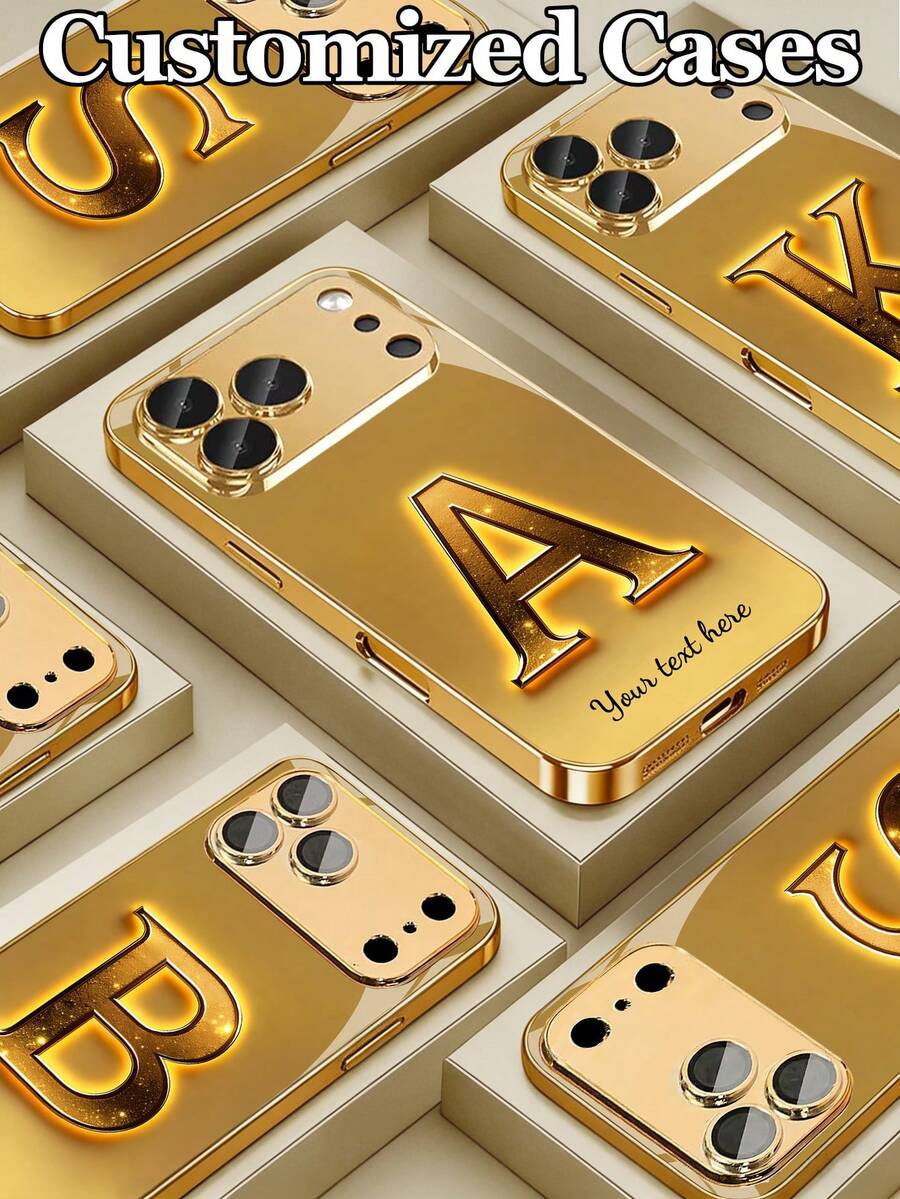 1pc Customizable Illuminated Large 3D Gold Letter Design Electroplated Tempered Glass Phone Case, Suitable For IPhone 17 Pro Max/17 Air/16/15/13/12/11/XS Max/6 7 8 Plus, Luxury Gold Finish, High-End Business Custom, Elegant Fashion, Built-In Lens Protector, Ideal For Holiday Gifts, Birthday Presents, Couples, Pets, Friends, Classmates, Siblings, Family - Gold - View 1