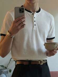 Men's Contrast Color Henley Neck Short Sleeve T-Shirt, Waffle Texture Loose Casual Versatile All-Match Tee For Summer - White - View 7