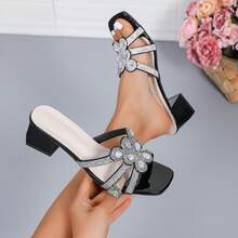 Women's Rhinestone T-Strap Square Toe Chunky Heel Sandals - Black - View 11
