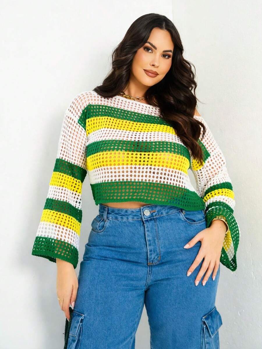 Plus Size Cropped Blouse Brazil World Cup Short Knit Off-Shoulder Cutout Fabric Brazil Look - 白色/黃色/綠色 - 查看 1