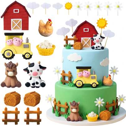 19件套农场动物蛋糕装饰，农场主题生日派对用品，瞬间为蛋糕注入清新自然的农舍气息，适合生日派对、农场动物主题派对、丰收活动