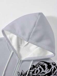 Men's Solid Color Zipper Up Casual Pocket Drawstring Hoodie For Autumn & Winter, Long Sleeve Top - 淺灰色 2 - 查看 4
