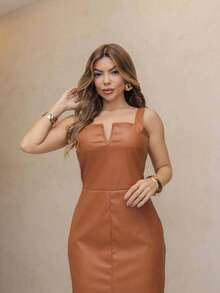 A&DD FASHION, REF:Y251.Women PU Leather Dress, High Quality Black Leather Skirt Dress, 2025 Spring Summer Slit Long Skirt, Sexy Dark Punk, Party Dress, Slim Waist Slit Backless Long Leather Skirt - 鏽棕色 - 查看 3