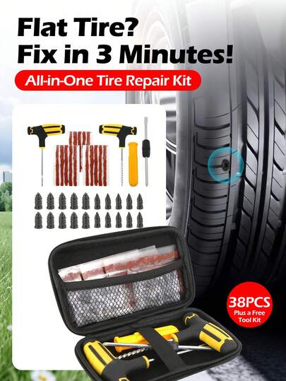 38Pcs Flat Tire Repair Kit, All-In-One Emergency Tire Repair Kit, Heavy Duty Flat Tire Puncture Repair Tool Set With Screwdriver, Tire Repair Nails, Rubber Plugs, Universal Tubeless Tire Repair Kit For Car, Motorcycle, Truck, ATV, RV