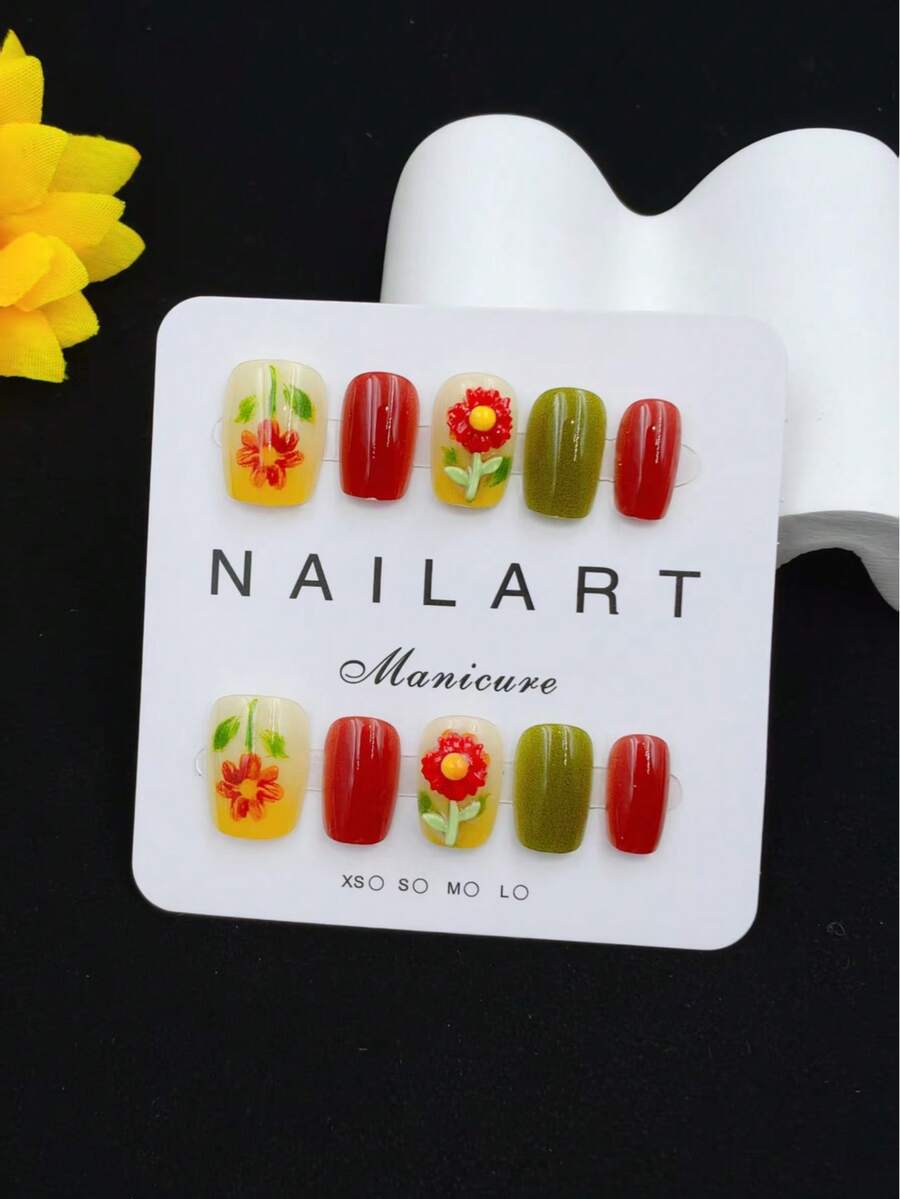 纯手工美甲贴片，10片装，红色，短梯形，美妆，香氛风格，法式美甲，按压式美甲，新年美甲，情人节美甲，UV灯美甲，夏季美甲，日常美甲，优雅大方设计，高端法式风格，凝胶抛光，闪光，猫眼效果，金属光泽，全覆盖假指甲贴片 - 紅色 - 查看 1