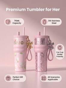 Bình giữ nhiệt Queen Pink họa tiết da rắn | Lớp lót gốm an toàn cho sức khỏe, thiết kế 2 trong 1 có vòi uống và ống hút, nơ xinh xắn và dây đeo cổ tay, phù hợp với giá đỡ cốc trên ô tô, hộp quà cao cấp dành cho phụ nữ và bé gái - Bình nước giữ nhiệt bằng gốm - Xem 7