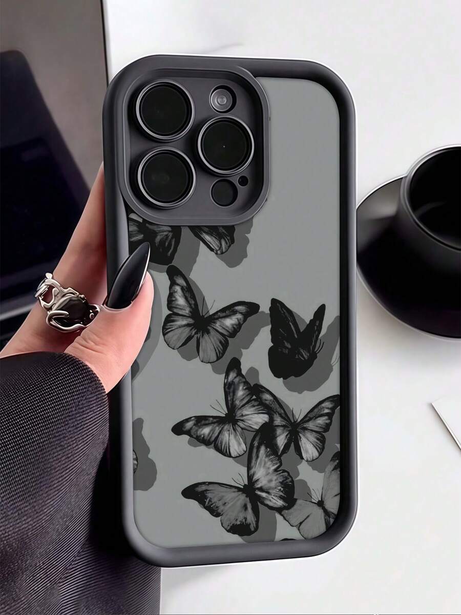1pc Black & Gray Butterfly Pattern Minimalist Full Coverage Shockproof TPU Phone Case, Compatible With IPhone 17, 16, 15, 14, 13, 12, 11 Pro Max, Air, And Series - Multicolor - View 1