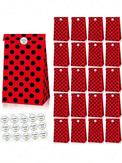 Ladybug Pattern Creative Gift Bag, Made Of Kraft Paper, No Handle Design, Comes With Thank You Sticker, Red Background With Black Dots, Minimalist Elegant Design, Suitable For Birthday Party, Party Decoration, Various Festivals And Valentine's Day Packaging, Ideal For Valentine's Day Gift Wrapping, Theme Birthday Party Favors Or Daily Use
