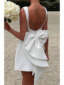 New Summer Women's Pearl Bow Back Fashionable Slim Fit Short Dress Hot Girl A-Line Dress - 白色 - 查看 3