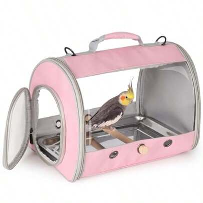 Long Tail Bird Travel Carrier Cage With Tray And Stand Perch Portable Lightweight Clear Windows Carry Bag For Parakeet Budgies Cockatiel Transport To Vet Pink Cylinder Design - Clear