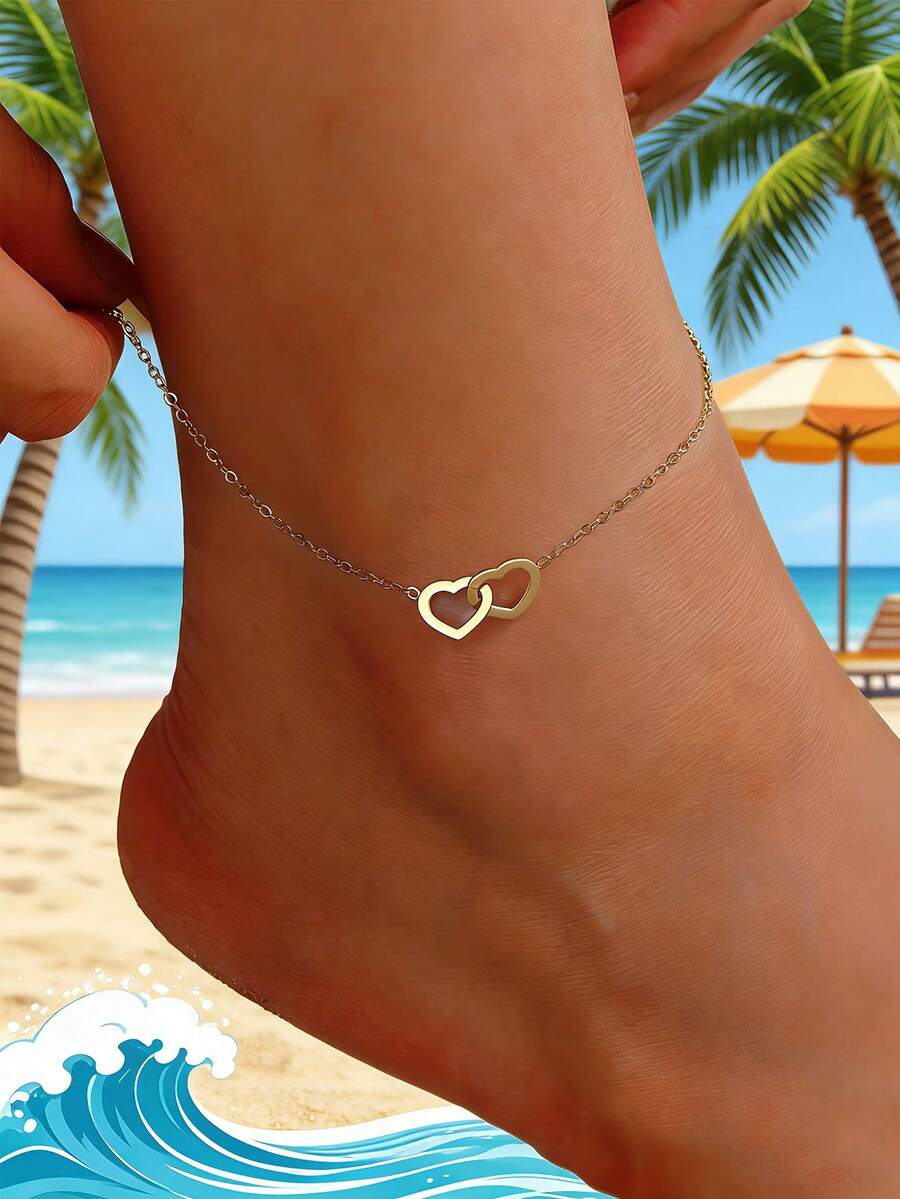 MONALLY 18K Gold Plated Minimalist Double Heart Anklet, Stainless Steel Anklet For Daily Wear, Summer Beach Jewelry - Anklet - View 1