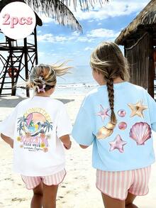 2pcs/Set Tween Girls' Tropical Shell & Wave Print Short Sleeve T-Shirt, Young Student Summer Outfit, Suitable For Girls, Matching Set, Friendship Outfit - Multicolor - View 1