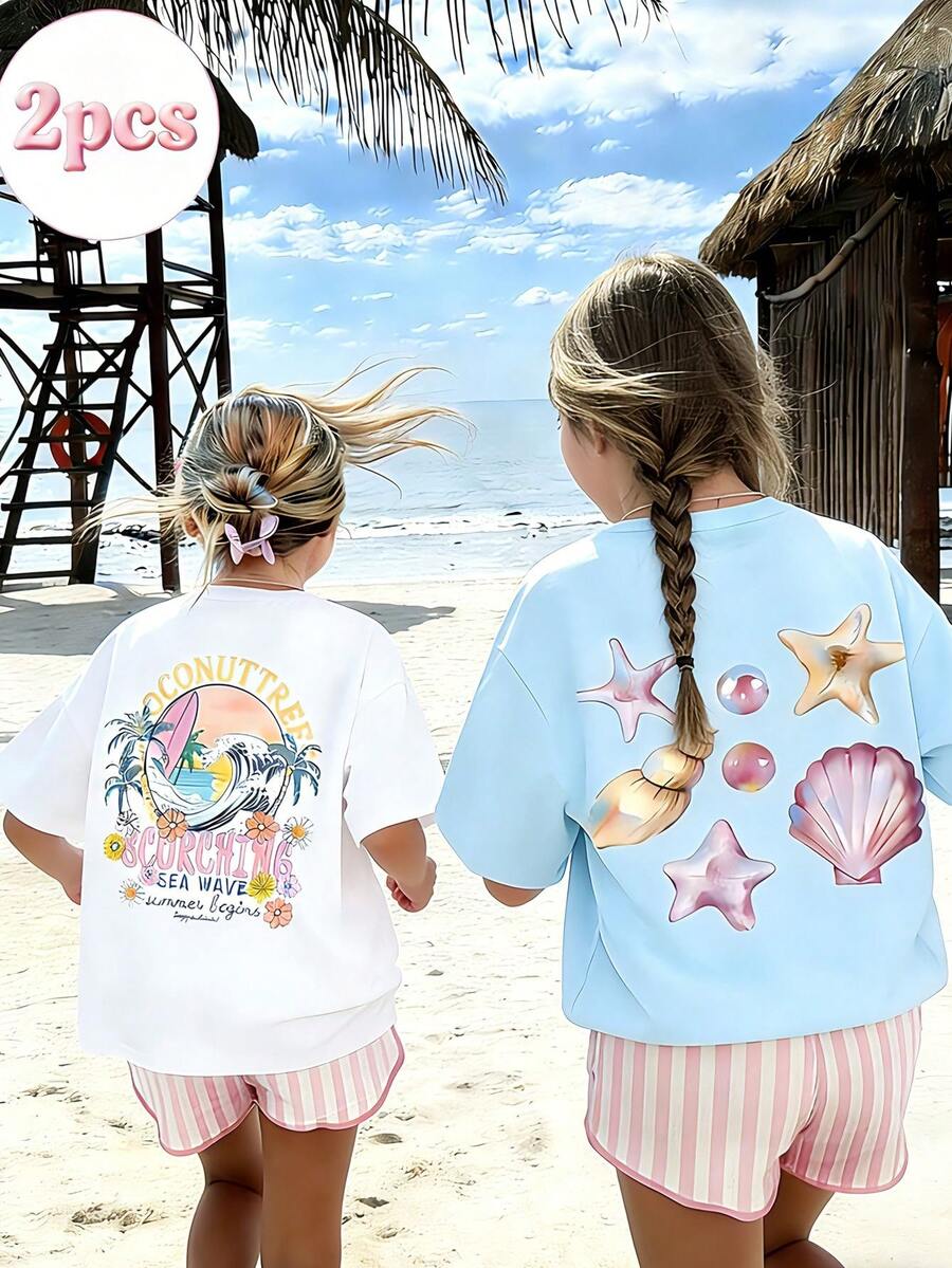 2pcs/Set Tween Girls' Tropical Shell & Wave Print Short Sleeve T-Shirt, Young Student Summer Outfit, Suitable For Girls, Matching Set, Friendship Outfit - Multicolor - View 1