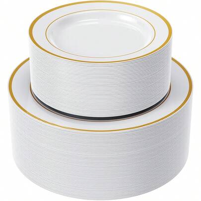 Bộ 50/25/10/5 chiếc đĩa ăn tối đế trắng viền vàng kích thước 10.25 inch/7.5 inch, thích hợp cho các buổi họp mặt gia đình, tiệc tùng, hoạt động ngoài trời, sự kiện xây dựng đội nhóm (đĩa 10.25 inch là đĩa lớn, đĩa 7.5 inch là đĩa nhỏ).