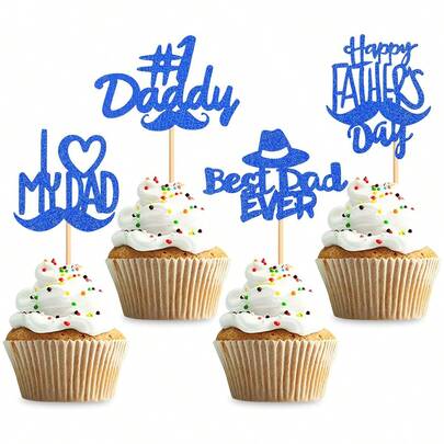 24PCS Happy Father's Day Cupcake Toppers, Blue/Black/Gold Glitter Best Dad Cupcake Topper Picks, Perfect For Father's Day Party Cake Decorations Supplies