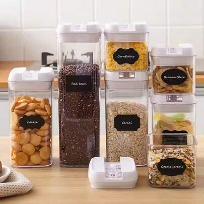 7-Piece All-Purpose Airtight Food Storage Container Set, Clear White Stackable Canisters With Flip-Top Lids, Moisture-Proof Fresh-Keeping Jars For Pantry Organization, Large Capacity Storage For Cereal, Pasta, Nuts, Snacks And Dry Goods, Neat Space-Saving Organizers For Any Home Kitchen