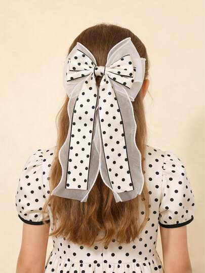 1个女孩波点网纱蝴蝶结发夹，复古波点鳄鱼夹带长尾巴，蓬松发夹，可爱甜美发饰，适合女孩和青少年的休闲生日节日礼物