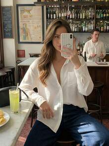 Camisa holgada de lino de unicolor blanco versátil y casual para primavera - Blanco - Ver 3