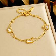 1条时尚镀金不锈钢方形双层可叠戴链条简约女士手链 - 金色 - 查看 7