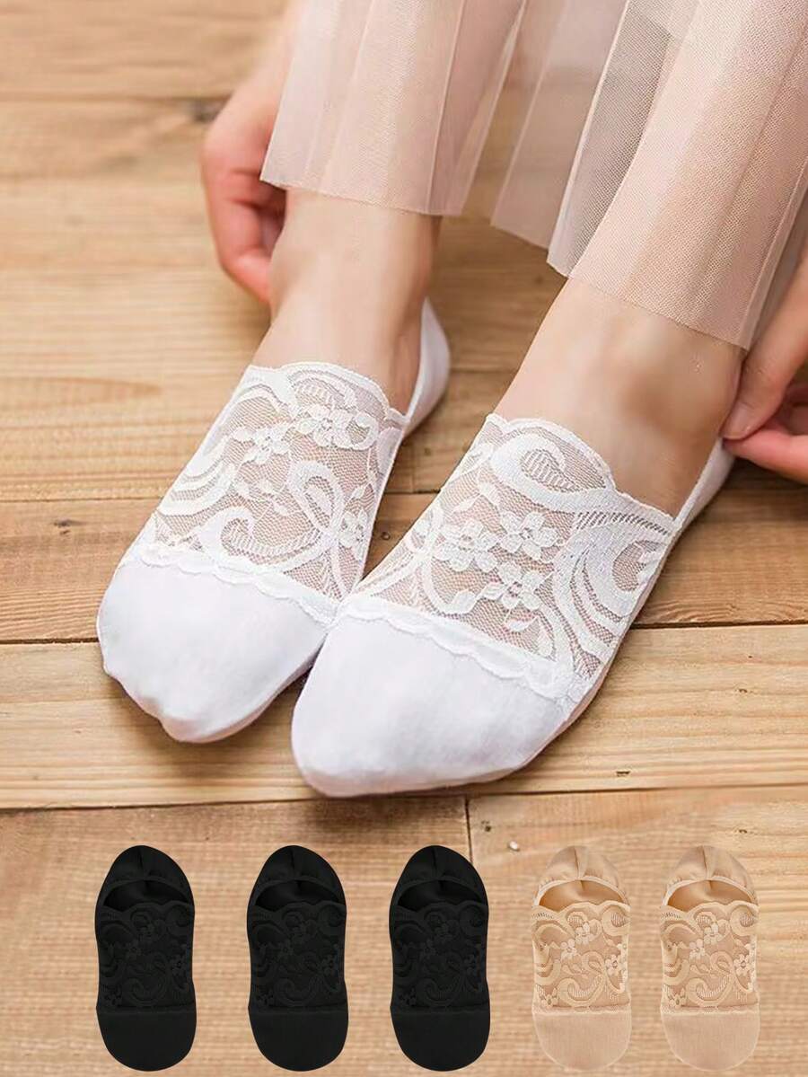 5双装女士蕾丝隐形短袜，透明低帮船袜，花卉图案，夏季防滑