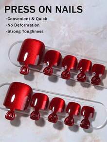 24pcs/Set Y2K Aesthetic Blood Red Crystal Cat Eye Press-On Toenails, Perfectly Fitted Acrylic Fake Toenails, Includes 1 Jelly Glue And 1 Nail File, Suitable For Women And Girls Summer Daily Nail Supplies. - Red - View 2