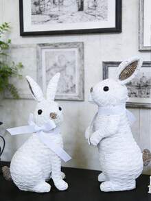 Resin Woven Texture Rabbit Figurine Set (With White Ribbon) - Adorable Rabbit Design, Suitable For Placing On Living Room Shelves, Patio Tables, And Vanity, Creating A Warm And Charming Atmosphere, A Fashionable Indoor And Outdoor Decorative Accessory. Easter Decor, Easter Gift - 1PC - View 3