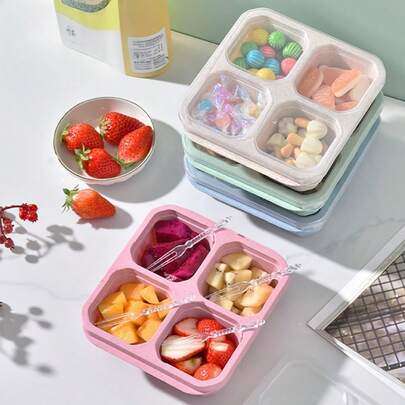 Bộ 3 hộp cơm bento, hộp đựng đồ ăn nhẹ, hộp đựng trái cây 4 ngăn có nắp trong suốt, hộp cơm trưa di động cho cắm trại, dã ngoại, du lịch ngoài trời.