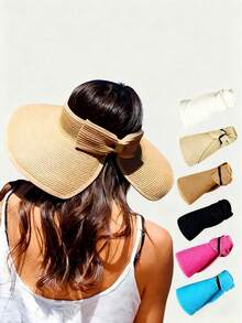 Women's Wide Brim Foldable Sun Hat, UPF50+ Sun Protection, Packable Beach Hat, Bohemian Style Bowknot, Summer - MultiWarna - View 3
