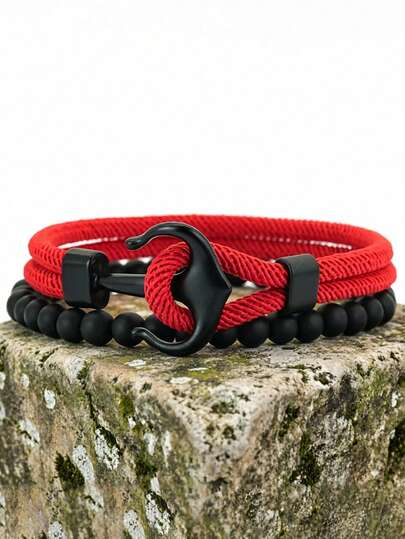 diffone 2 Pcs/Set Handmade 6mm Beads Rope Bracelet Set Charms Black Anchor Bracelet For Men Cool Navigation Jewelry