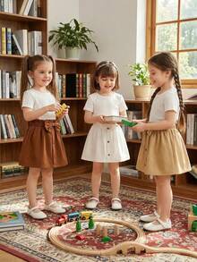 3pcs Girls' Summer Versatile Skirt Set, Paired With Cute Bow Design, Suitable For Spring & Summer Daily, School, Party Wear - Multicolor - View 3