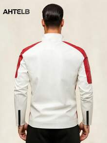 AHTELB Men's Outdoor Casual Regular Leather Jacket Riding Coat, Fashion Casual Colorblock Leather Jacket, Anti-Theft Zipper Design, Racing Style, Motorcycle Riding Suit, Perfect For Gatherings And Riding Activities, Men's Jacket, Gifts For Friends, Husbands, Boyfriends, PU Leather Sports Jacket - White - View 2