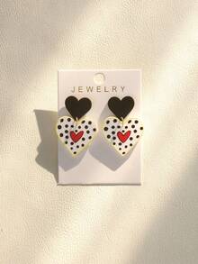 一对可爱浪漫的法式黑色波点红色爱心涂鸦亚克力吊坠耳环，送给女性的礼物，适合音乐节、节日派对等场合 - 黑與白 - 查看 1