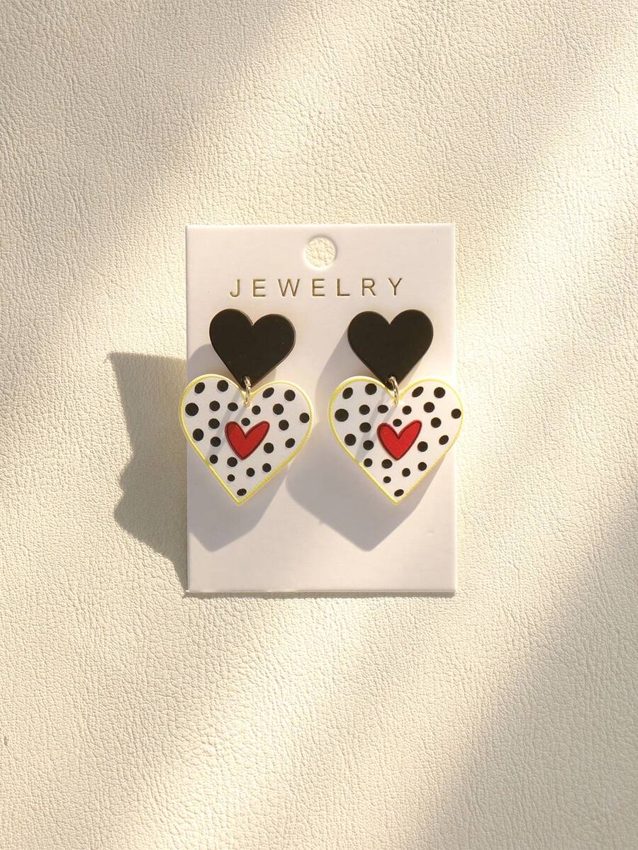 一对可爱浪漫的法式黑色波点红色爱心涂鸦亚克力吊坠耳环，送给女性的礼物，适合音乐节、节日派对等场合 - 黑與白 - 查看 1