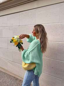 Cardigan Rajut Kasual dengan Desain Bahu Jatuh Longgar yang Cerah, Gaya Energik untuk Wanita, Musim Gugur/Dingin - Mint Green - View 3