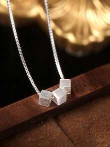 1pc S925 Sterling Silver Minimalist Chic Petite Geometric Matte Cube Necklace, Versatile Daily Wear For Women - Silver - View 2