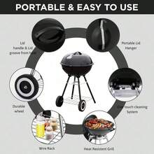 Round Portable Charcoal BBQ Grill With Lid, Large Capacity Cooking Grate Home, Camping & Outdoor Parties - Black - View 7