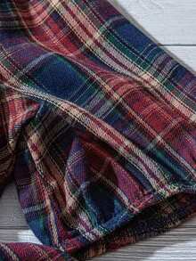 Vintage Red & Blue Contrast Plaid Puff Sleeve Loose Cotton Linen Blouse, Casual Commute Vacation Versatile Top For Summer - Multicolor - View 4