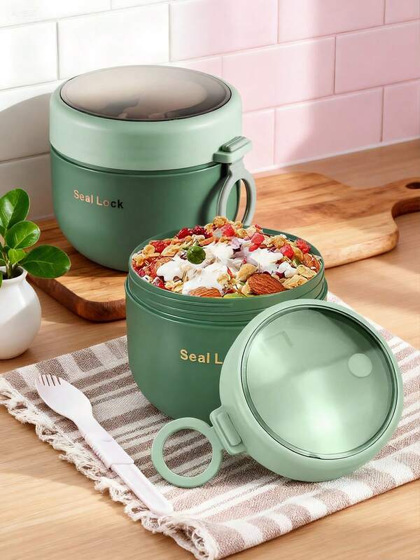 2pcs Lunch Box Set, Green Round Bento Box With Fork & Spoon, Rotating Sealed Leak-Proof Lunch Container, Breakfast Cup, Oatmeal Milk Coffee Takeaway Box, Fruit Salad Cup, Food Storage Containers
