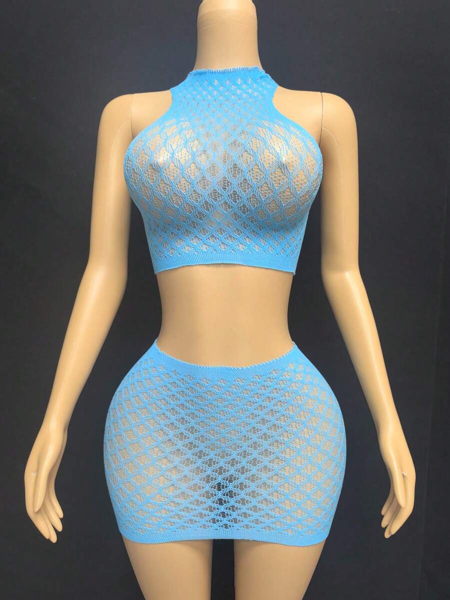Bộ 2 món gồm áo croptop và chân váy lưới xuyên thấu gợi cảm, độ co giãn tuyệt vời, phù hợp với mọi dáng người, thích hợp mặc hàng ngày, dự tiệc biển, làm đồ lót, trang phục gợi cảm cho nữ. - Màu xanh nhạt - Xem 1