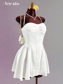 Women's Elegant Sweet & Spicy White Halter Tie-Waist Mini Dress, Front Button Pleated Soft Stretchy Fabric Sweetheart Neckline A-Line Hem Sweet & Fashionable Summer Dress, Suitable For Yacht, Beach Vacation, Party And Daily Outings - White - View 9