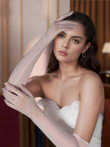 1pair Transparent Mesh Long Gloves, Suitable For Daily Wear, Party, Date, Vacation, Bridal Wedding, Romantic - White - View 2