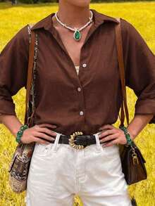 Camisa de mujer casual de lino de unicolor con mangas enrollables y detalles de botones, de manga larga, para primavera - Marrón - Ver 6