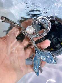 1pc Women's Blue Metallic Mermaid Shark Claw Hair Clip, Faux Pearl Elegant Princess Updo Hair Accessory - Sky Blue - View 7